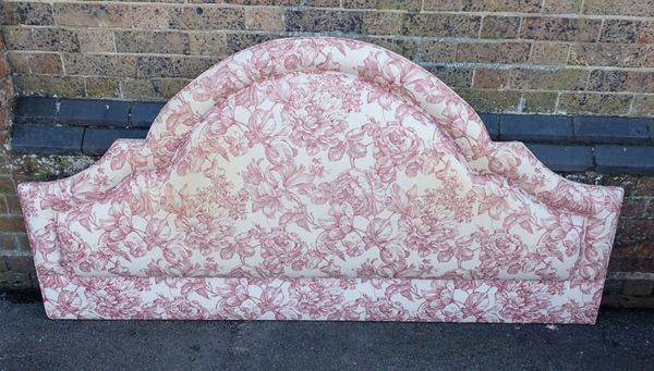 A FLORAL TOILE UPHOLSTERED DOUBLE HEADBOARD