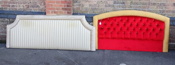 A RED VELVET AND GOLD SILK UPHOLSTERED HEADBOARD