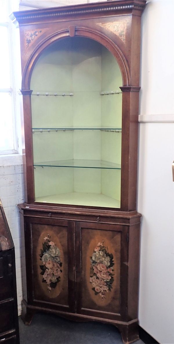 A SHERATON REVIVAL CORNER CABINET WITH PAINTED FLORAL DECORATION