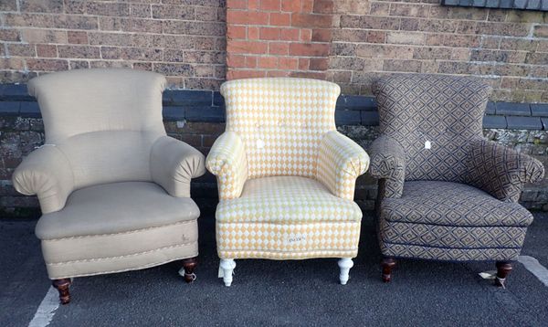 THREE VICTORIAN STYLE UPHOLSTERED ARMCHAIRS