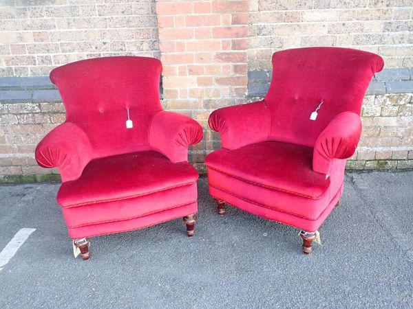 A PAIR OF VICTORIAN STYLE UPHOLSTERED ARMCHAIRS