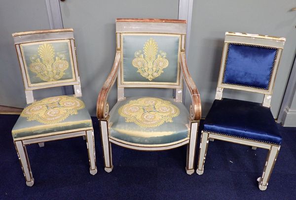 A PAINTED AND GILT FRENCH EMPIRE STYLE ARMCHAIR