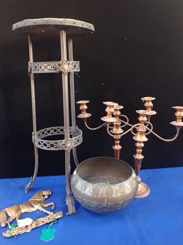 A PERSIAN METAL JARDINIERE, A STAND