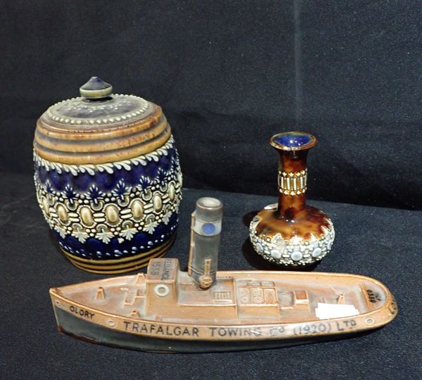 A ROYAL DOULTON LAMBETH STONE ADVERTISING DECANTER FOR TRAFALGAR TOWING CO, LTD