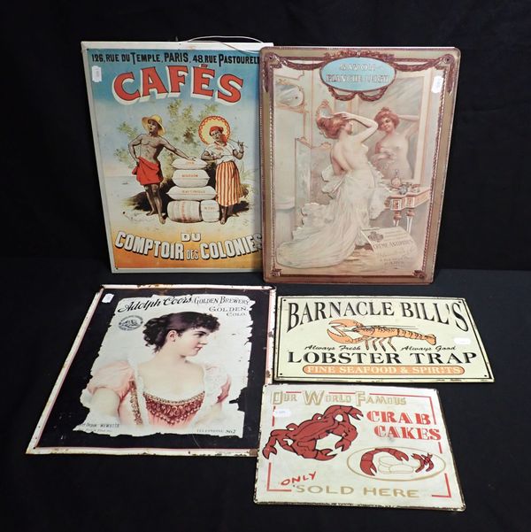 FIVE REPRODUCTION PRINTED METAL ADVERTISING ENAMEL SIGNS