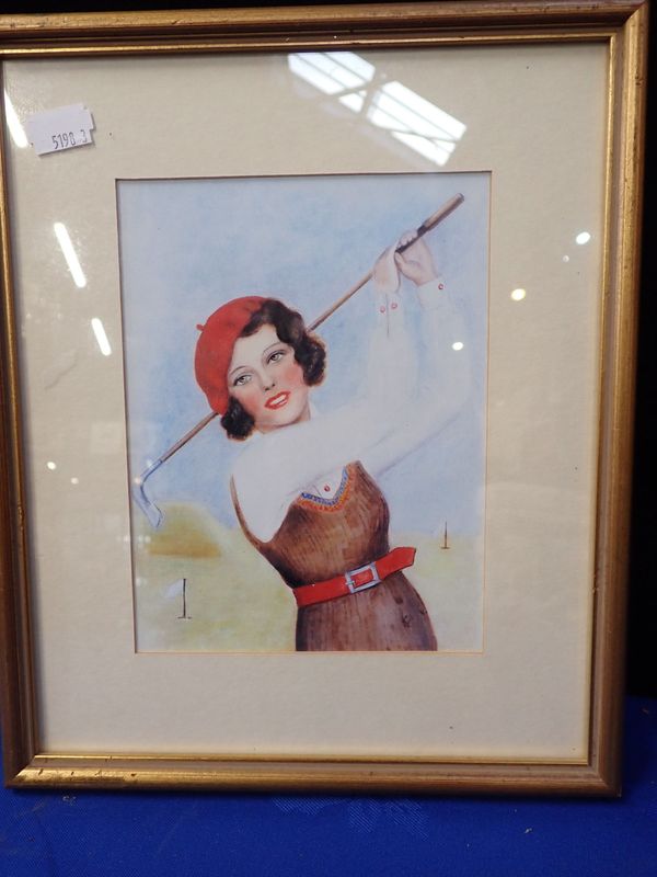 WATERCOLOUR OF A LADY GOLFER, FRAMED