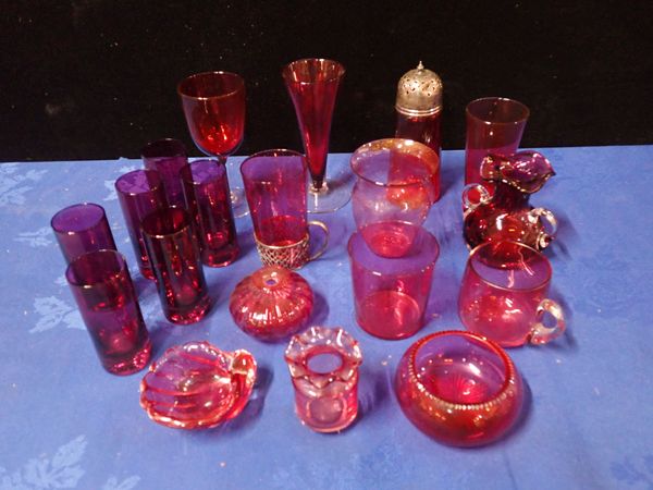 A COLLECTION OF VICTORIAN AND LATER CRANBERRY GLASSWARE