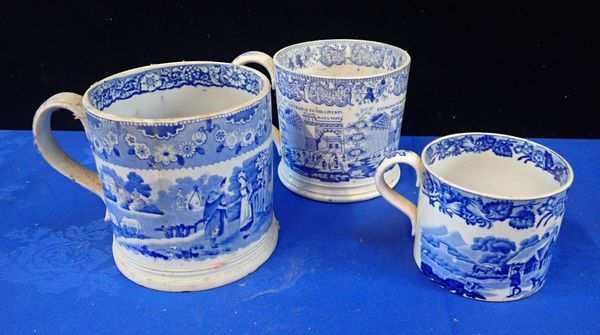 THREE EARLY VICTORIAN BLUE AND WHITE MUGS