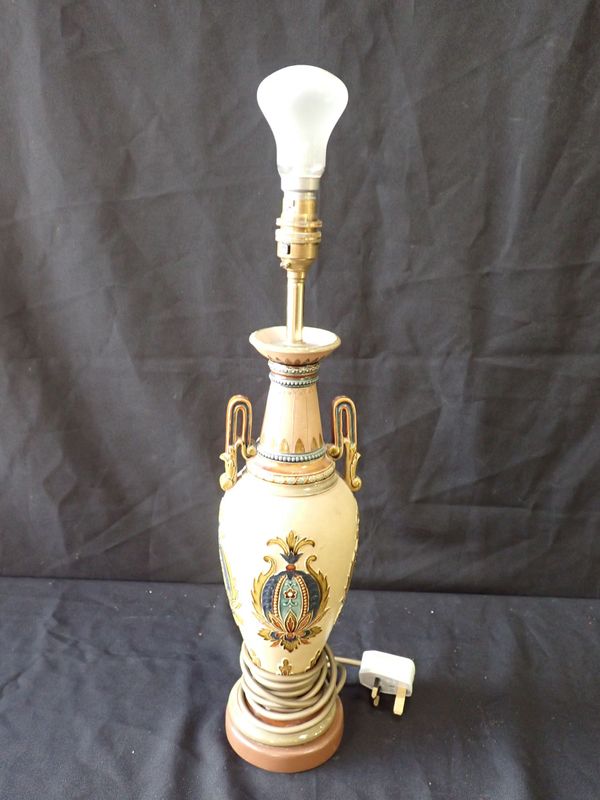 A ROYAL DOULTON STONEWARE TWO HANDLED ELECTRIC TABLE LAMP