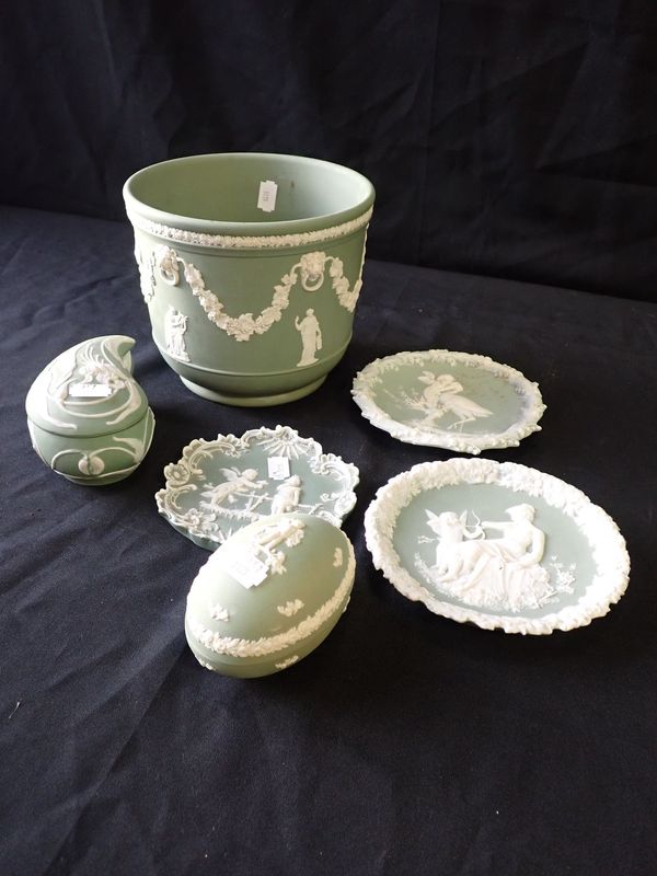 A WEDGWOOD GREEN JASPERWARE JARDINIERE