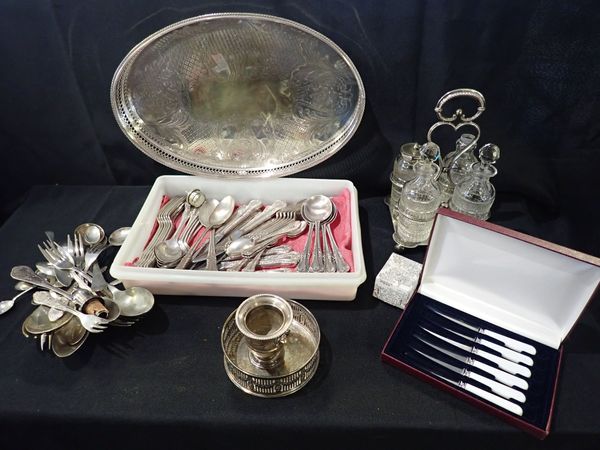 VICTORIAN SILVER PLATED FOUR BOTTLE CRUET, WITH CUT GLASS BOTTLES