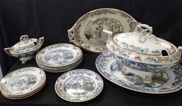 A 19TH CENTURY TRANSFER PRINTED POTTERY PART DINNER SERVICE