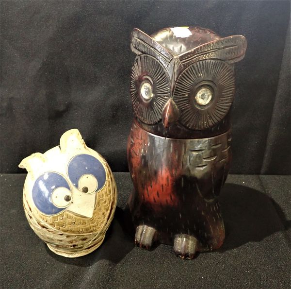 A WOODEN OWL BOX, HINGED LID,  AND A POTTERY OWL