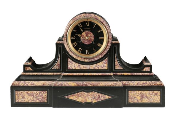 A 19TH CENTURY FRENCH BLACK AND VARIEGATED MARBLE MANTLE CLOCK