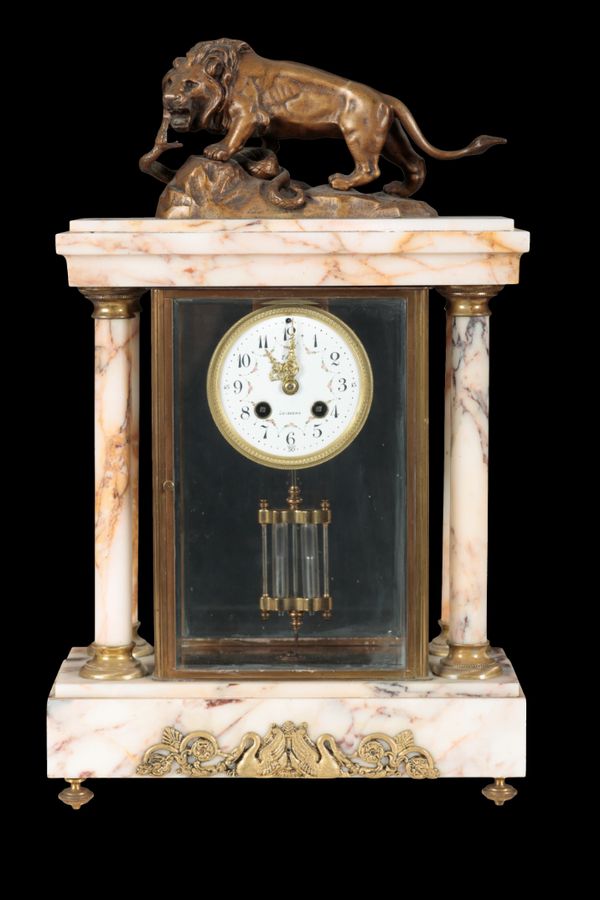 A 19TH CENTURY FRENCH FOUR GLASS AND VARIEGATED MARBLE MANTLE CLOCK