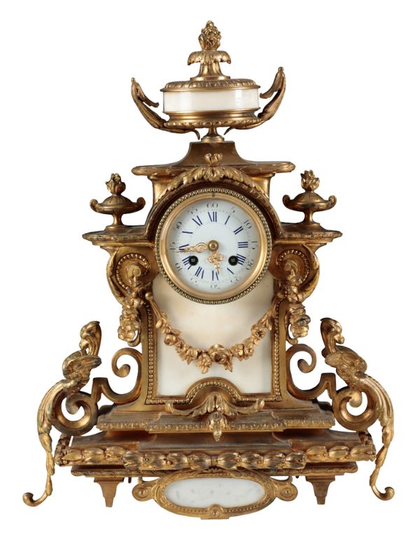 A 19TH CENTURY FRENCH ORMOLU AND ALABASTER MANTLE CLOCK