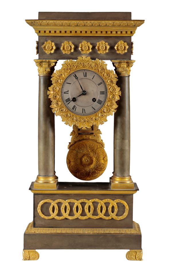 A 19TH CENTURY FRENCH GILT METAL EMPIRE PORTICO CLOCK