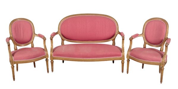 A LOUIS XVI STYLE GILTWOOD THREE PIECE SUITE