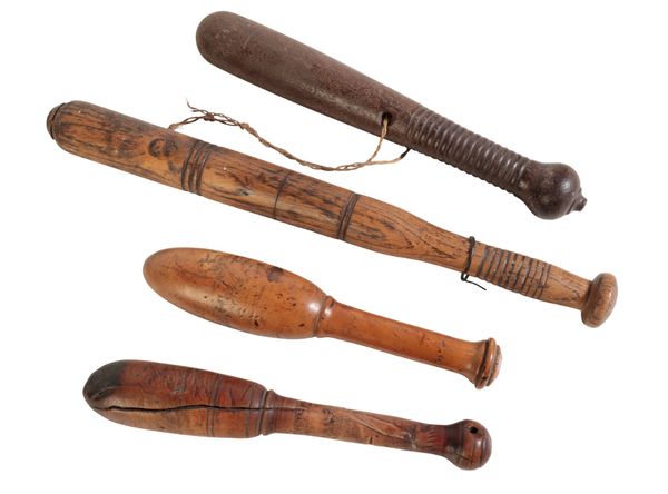 FOUR VARIOUS ANTIQUE WOODEN FISHING PRIESTS