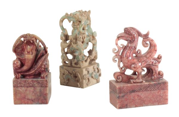A GROUP OF THREE CHINESE LARGE SOAPSTONE SEALS