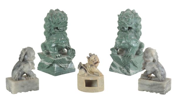 A GROUP OF FIVE CHINESE CARVED SOAPSTONE LION DOGS