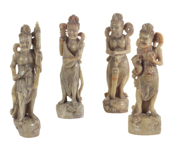 FOUR CHINESE CARVED SOAPSTONE FIGURAL SEALS