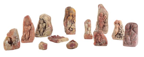 A GROUP OF TWELVE CHINESE SOAPSTONE CARVINGS