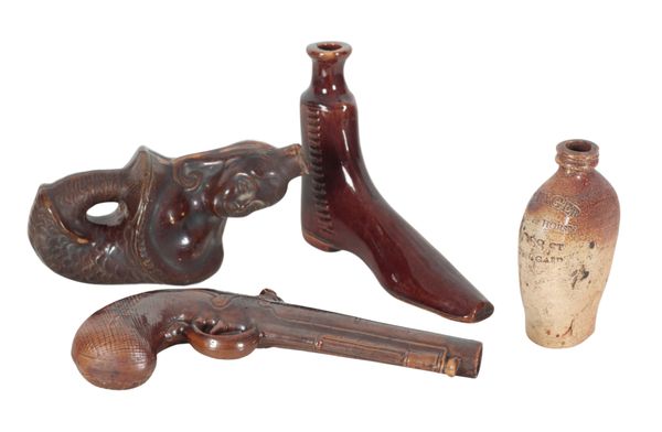 A 19TH CENTURY FULHAM POTTERY SALT GLAZED STONEWARE FLASK MODELLED AS A FLINTLOCK PISTOL