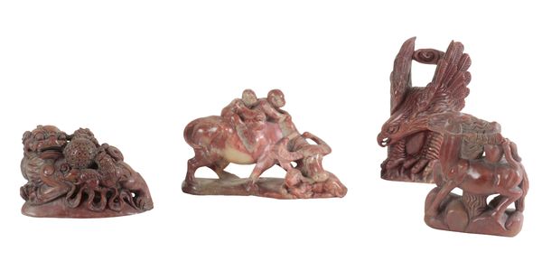 A GROUP OF FOUR CHINESE SOAPSTONE FIGURES