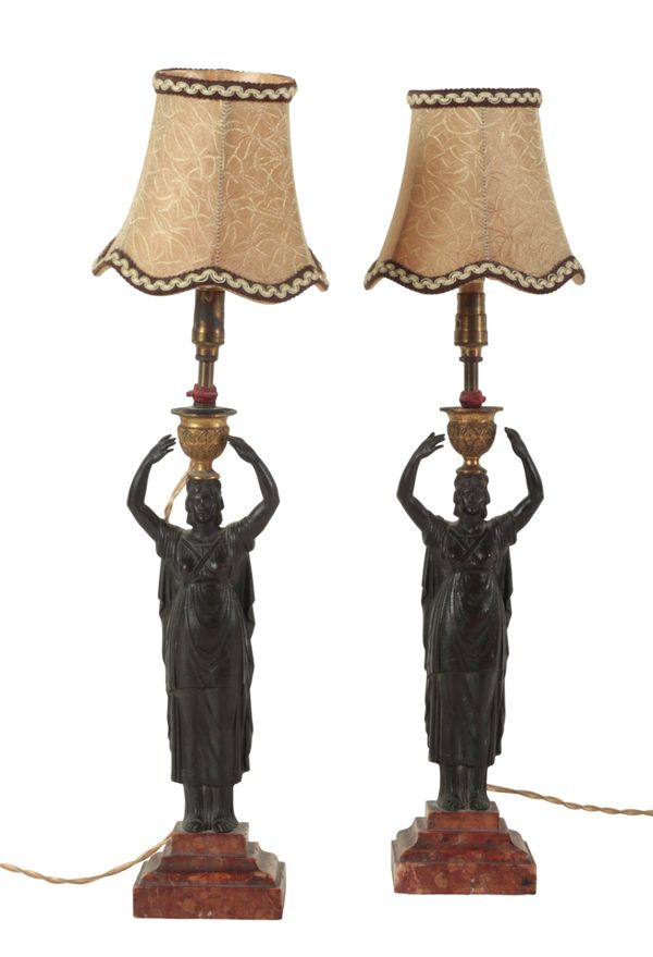 A PAIR OF 19TH CENTURY DARK BROWN PATINATED BRONZE ELECTRIC TABLE LAMPS