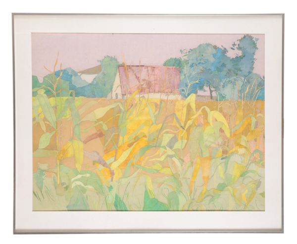 *CHRISTINE MCKECHNIE (B.1943) Rural scene with crops and a building beyond