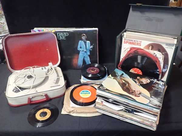 A FIDELITY PORTABLE RECORD PLAYER AND TWO CASES OF VINYL RECORDS