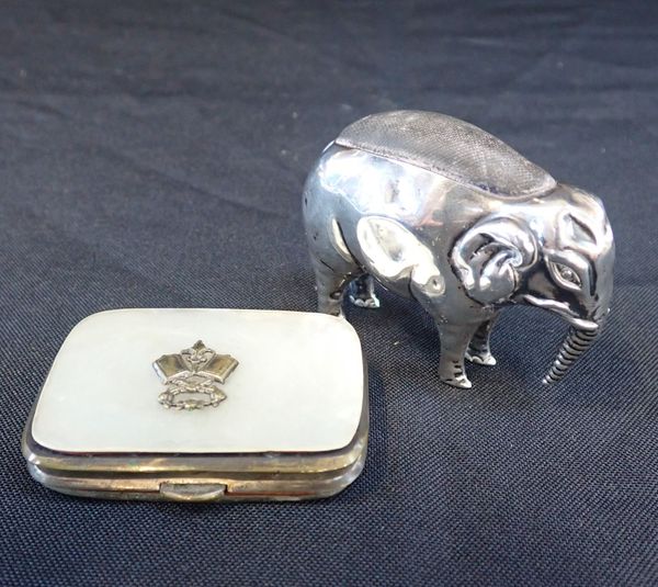 A SILVER ELEPHANT PINCUSHION BY BRITTON, GOULD & Co