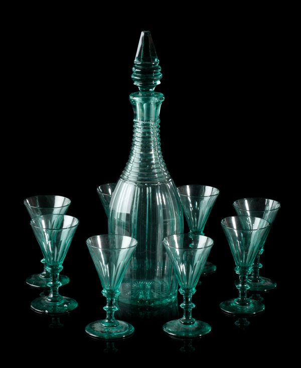 A SET OF SIX WINE GLASSES AND ASSOCIATED DECANTER