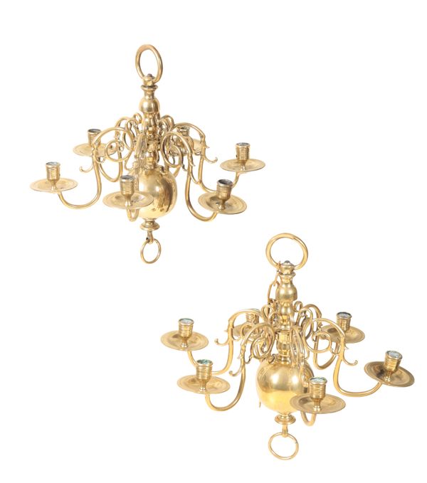 A PAIR OF DUTCH BRASS SIX-LIGHT CHANDELIERS - collected by vendor 31.01.23