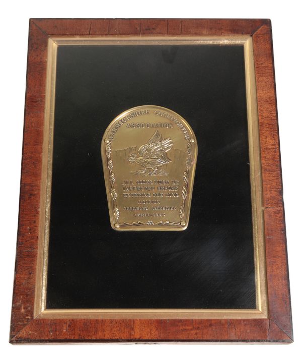 A WARWICKSHIRE COCKFIGHTING ASSOCIATION BRASS PLAQUE