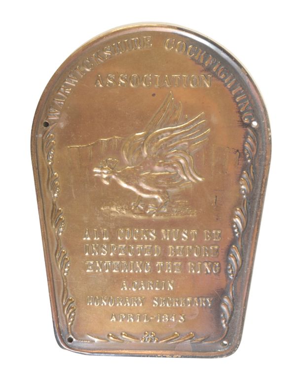 A WARWICKSHIRE COCKFIGHTING ASSOCIATION BRASS PLAQUE