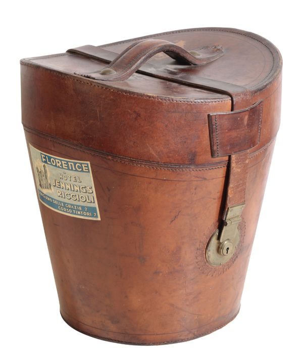 A VICTORIAN LEATHER DOUBLE BUCKET-SHAPED HAT BOX
