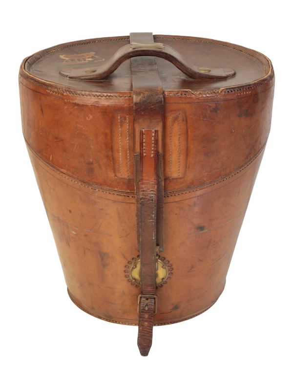 A VICTORIAN LEATHER BUCKET-SHAPED DOUBLE HAT BOX