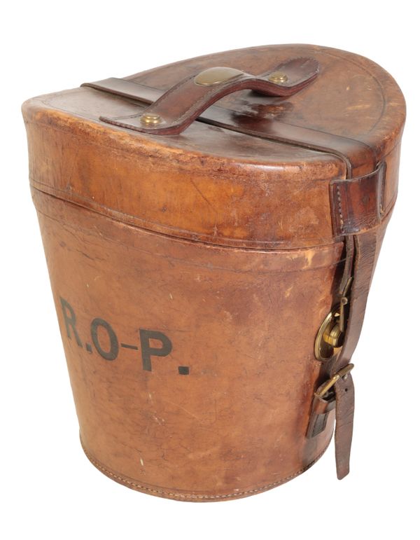 A VICTORIAN LEATHER FITTED DOUBLE BUCKET-SHAPED HAT BOX