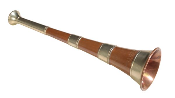 A COPPER AND NICKEL-PLATED SILVER BANDED HUNTING HORN