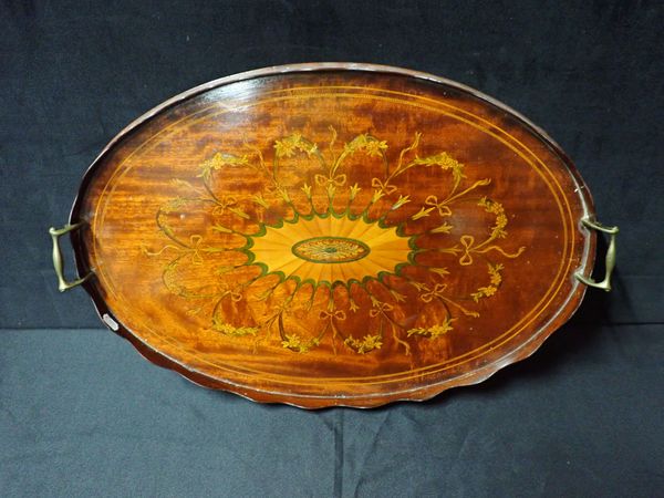 AN EDWARDIAN MAHOGANY AND MARQUETRY TRAY