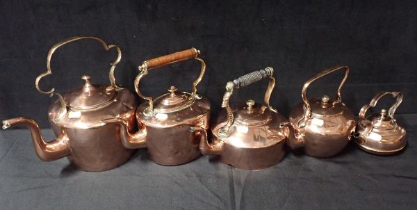 FIVE VARIOUS OLD COPPER KETTLES