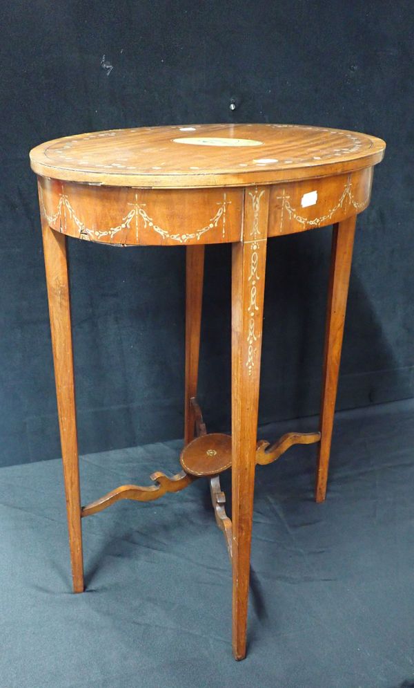 AN EDWARDIAN SHERATON REVIVAL PAINTED SATINWOOD OVAL OCCASIONAL TABLE