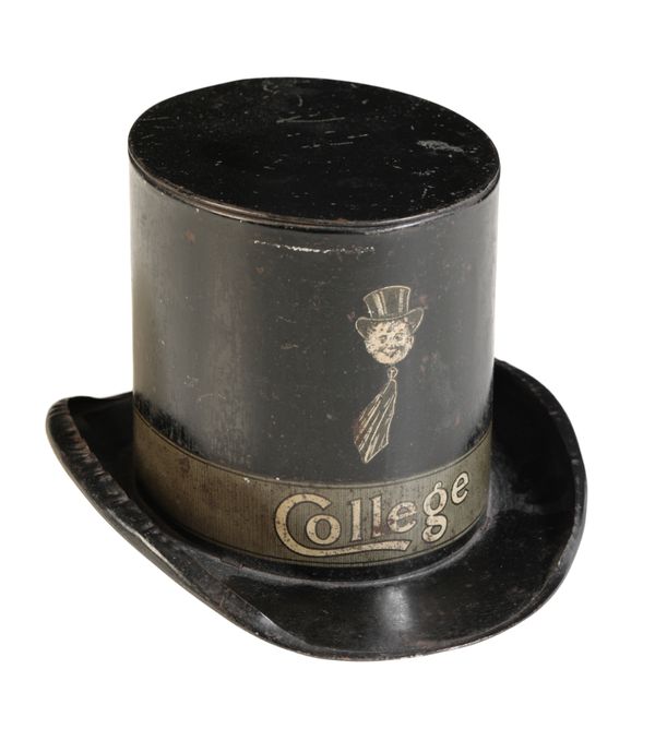 AN EDWARDIAN METAL TOP HAT MONEY BOX