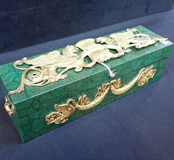 A FAUX MALACHITE AND ORMOLU BOX