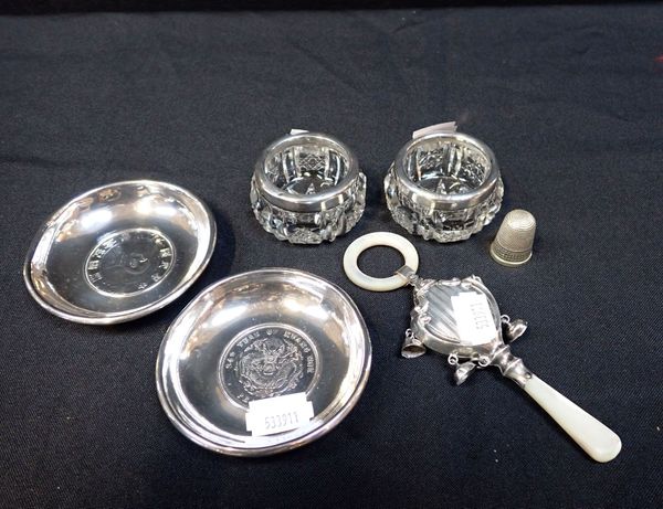 A PAIR OF SILVER MOUNTED SALTS