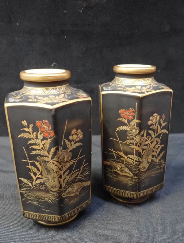 A PAIR OF JAPANESE SATSUMA VASES, OF HEXAGONAL FORM