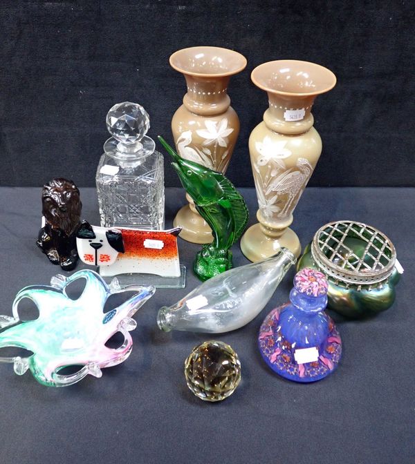A PAPERWEIGHT TYPE SCENT BOTTLE, A PAIR OF OPAQUE GLASS VASES
