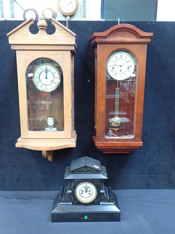 A VICTORIAN SLATE MANTEL CLOCK WITH VISIBLE 'BROCOT' TYPE ESCAPEMENT